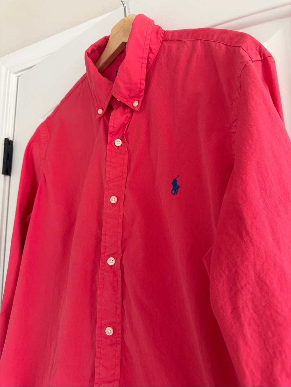 Ralph Lauren Men's Feather Weight Twill Button-Down Shirt Bright Coral & Navy L